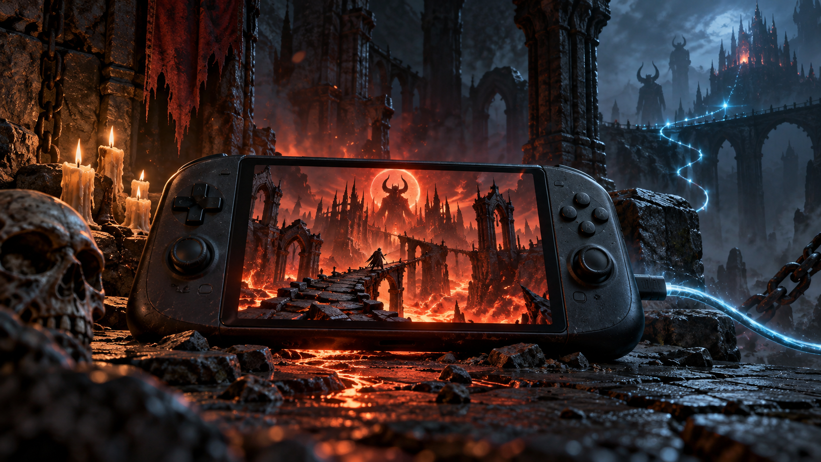 An unbranded handheld console opens onto a fiery gothic dungeon while a glowing blue network tether runs into the distance.