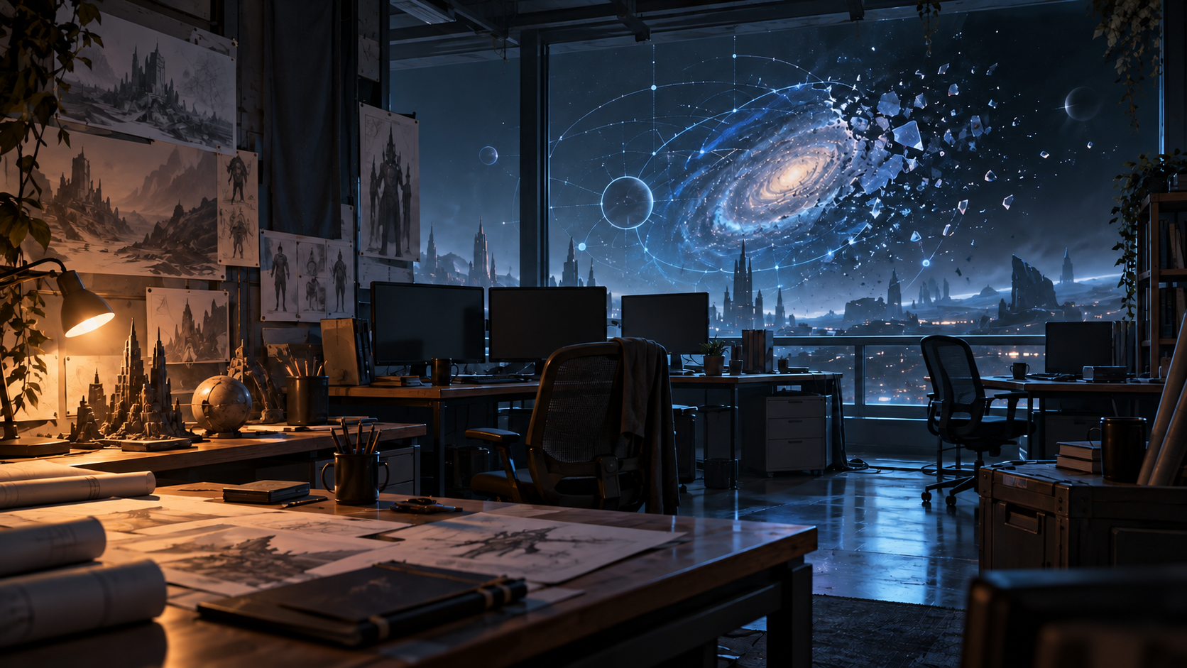 An empty role-playing game studio overlooking a fading science-fiction star map, with dark workstations and abandoned design sketches.