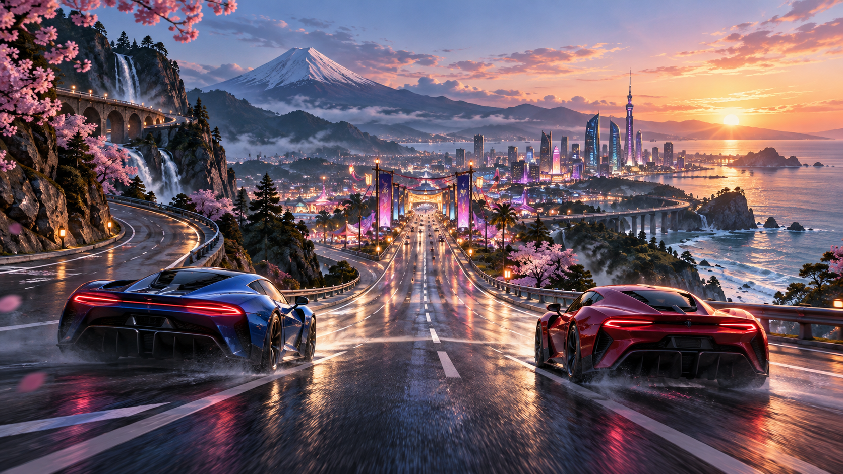Two unbranded sports cars merge onto a wet coastal road leading toward a fictional Japanese city at sunrise.