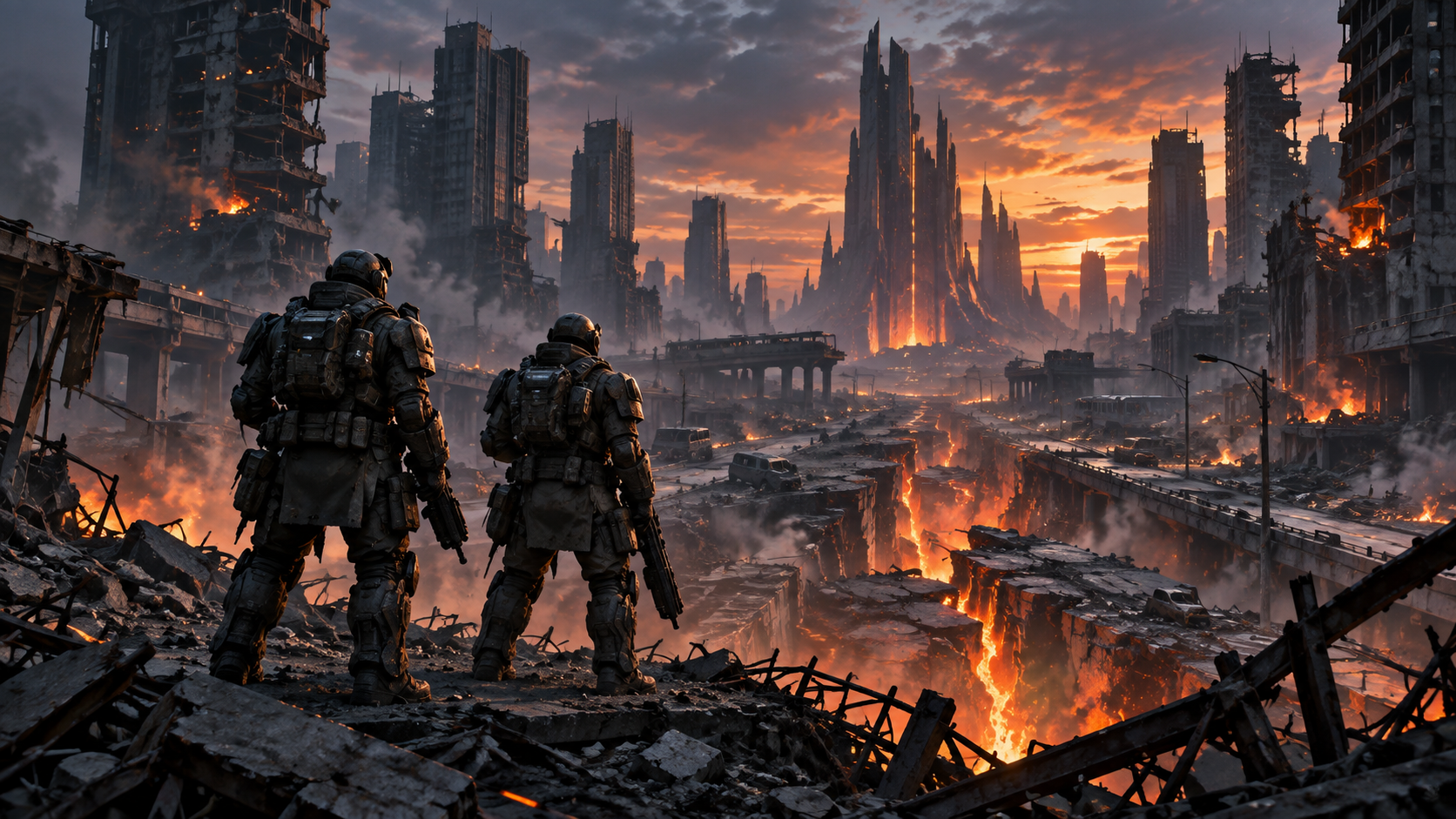 Two armored soldiers look across a ruined futuristic city split by glowing fissures at dusk.