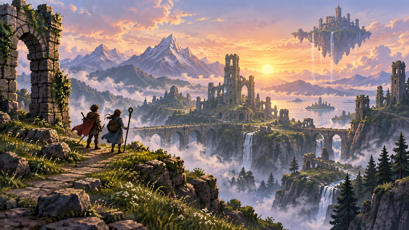 Two original fantasy adventurers look across misty ruins toward a floating island at sunrise.