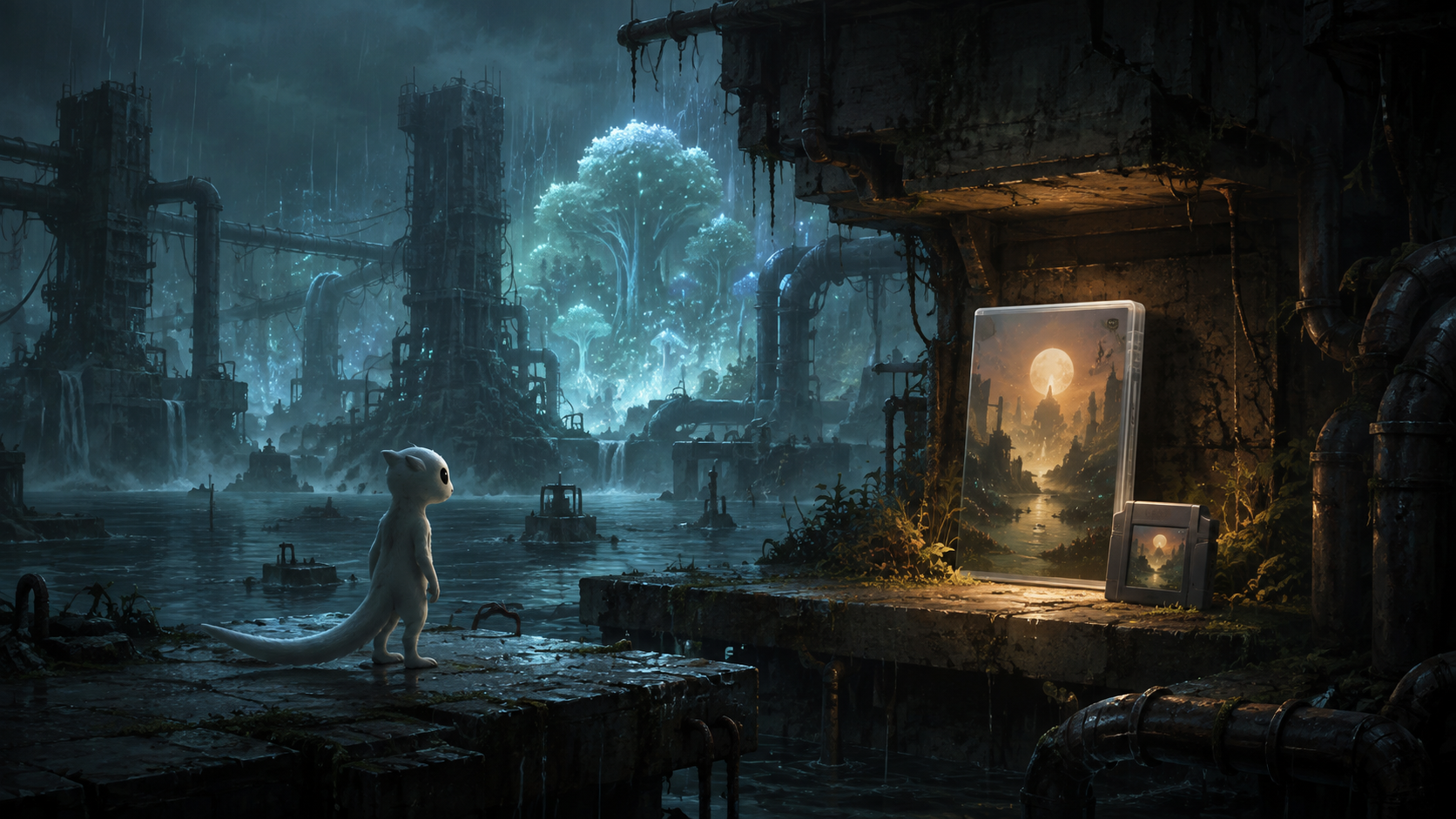 A small pale creature studies a glowing game case and cartridge in rain-soaked industrial ruins.
