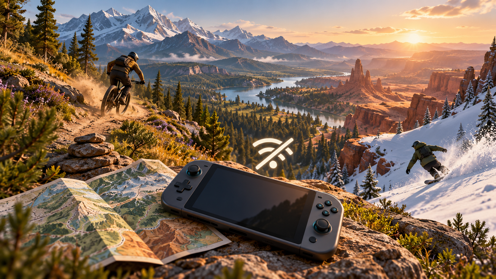 A mountain biker and snowboarder crossing an original alpine sports landscape while a handheld console rests beside an offline route map.