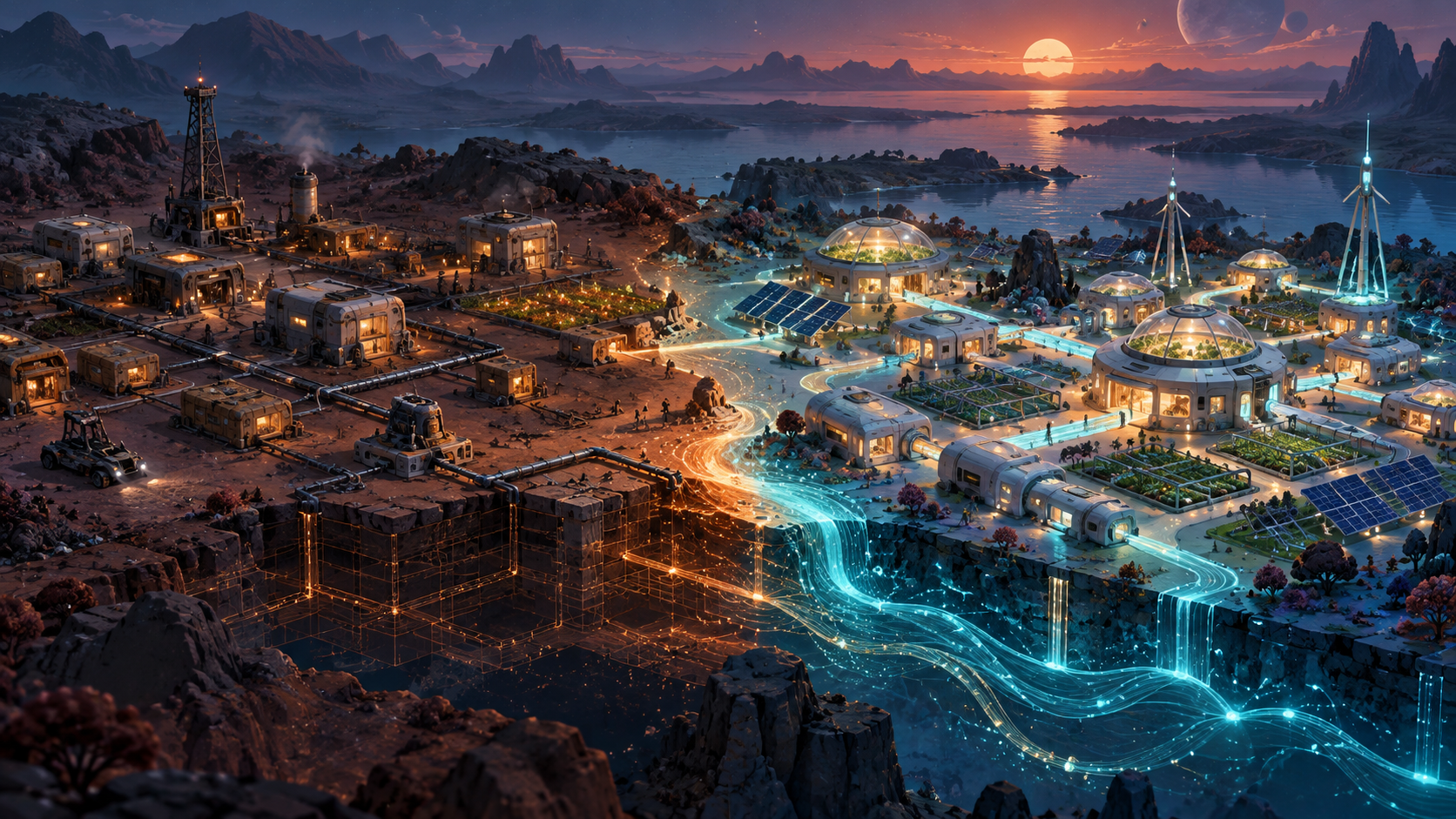 An isometric science-fiction colony split between an older mechanical grid and a brighter, faster energy network.