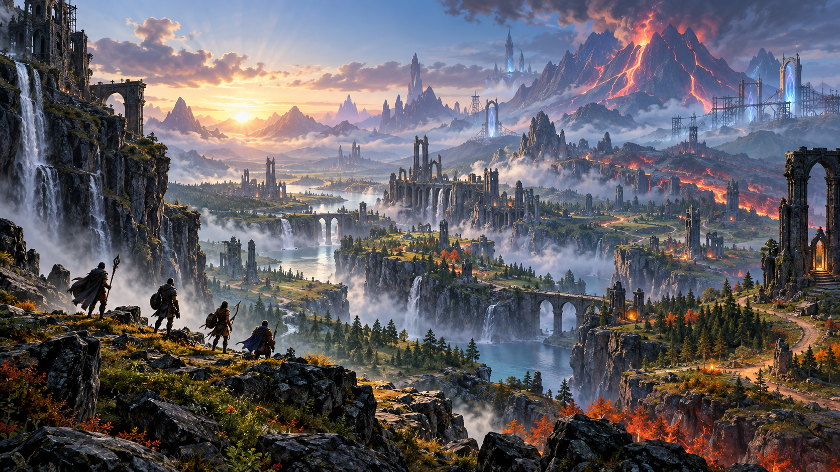 Four anonymous adventurers overlook a vast fantasy valley of ruins, branching paths, glowing portals, and distant volcanic peaks.