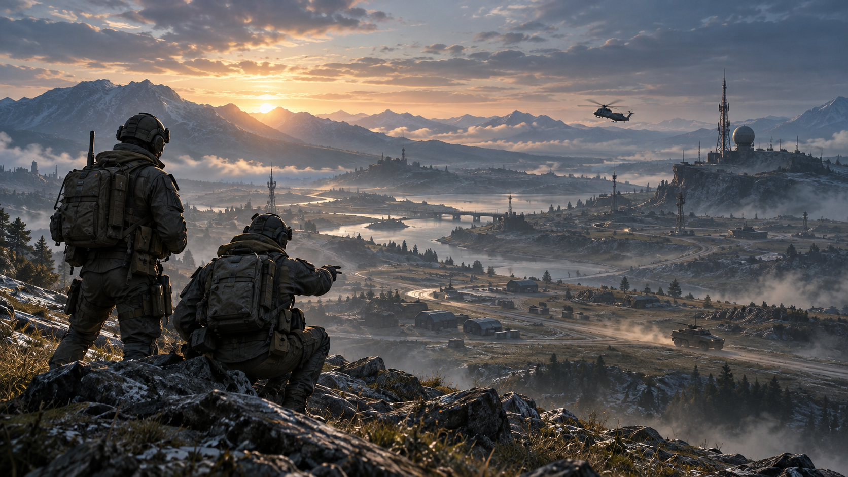 Two anonymous soldiers surveying a large combined-arms battlefield from a ridge as armored vehicles move below.