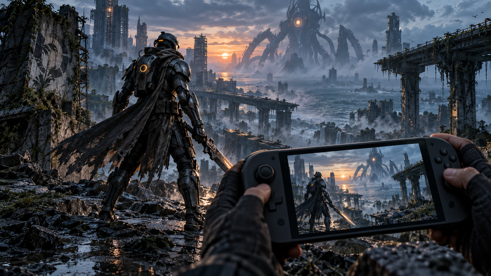 A futuristic warrior faces a biomechanical creature across a ruined city while an unbranded handheld console frames the scene.