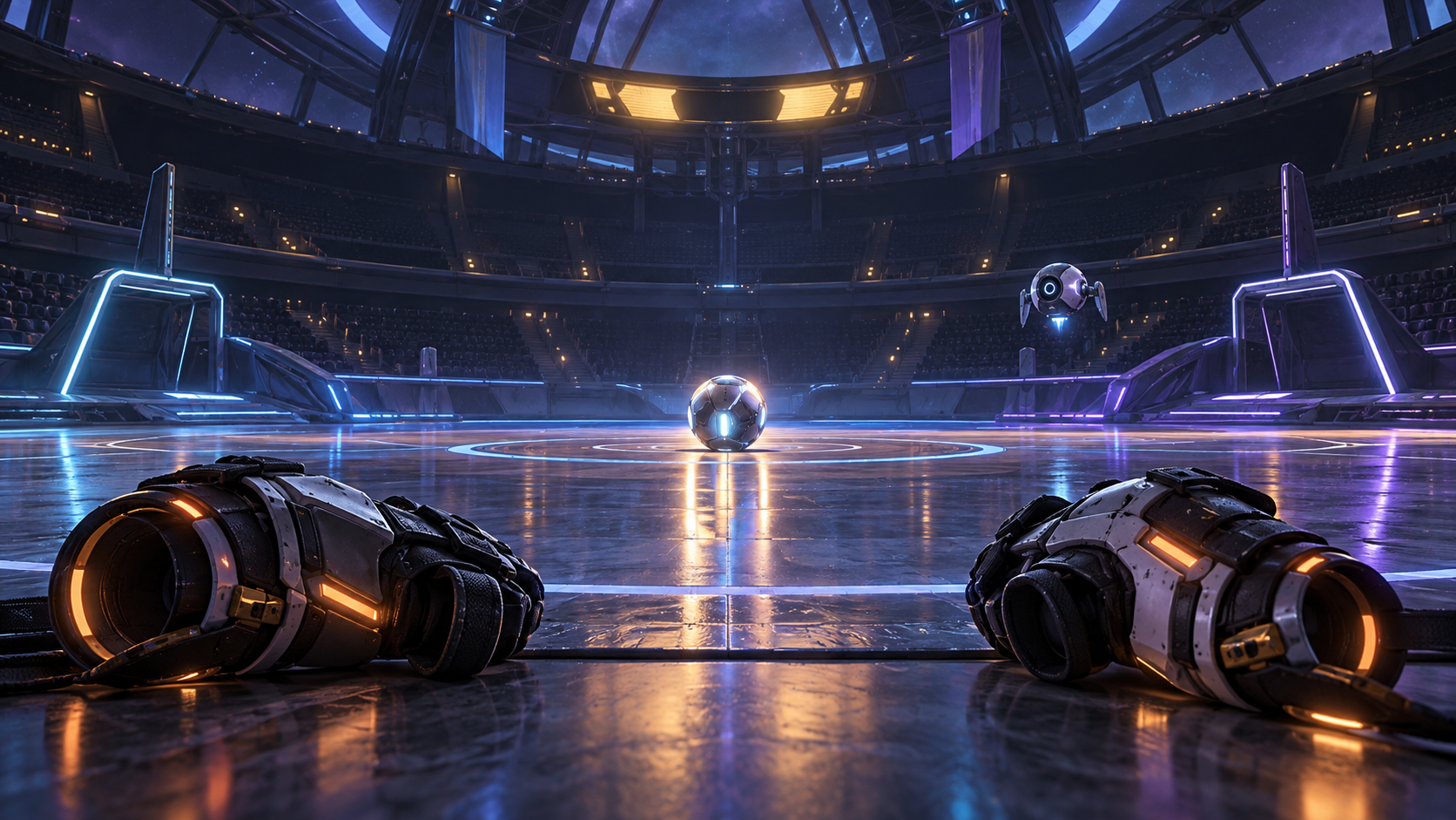 An empty futuristic VR sports arena with two inactive mechanical gauntlets resting beside a glowing ball.