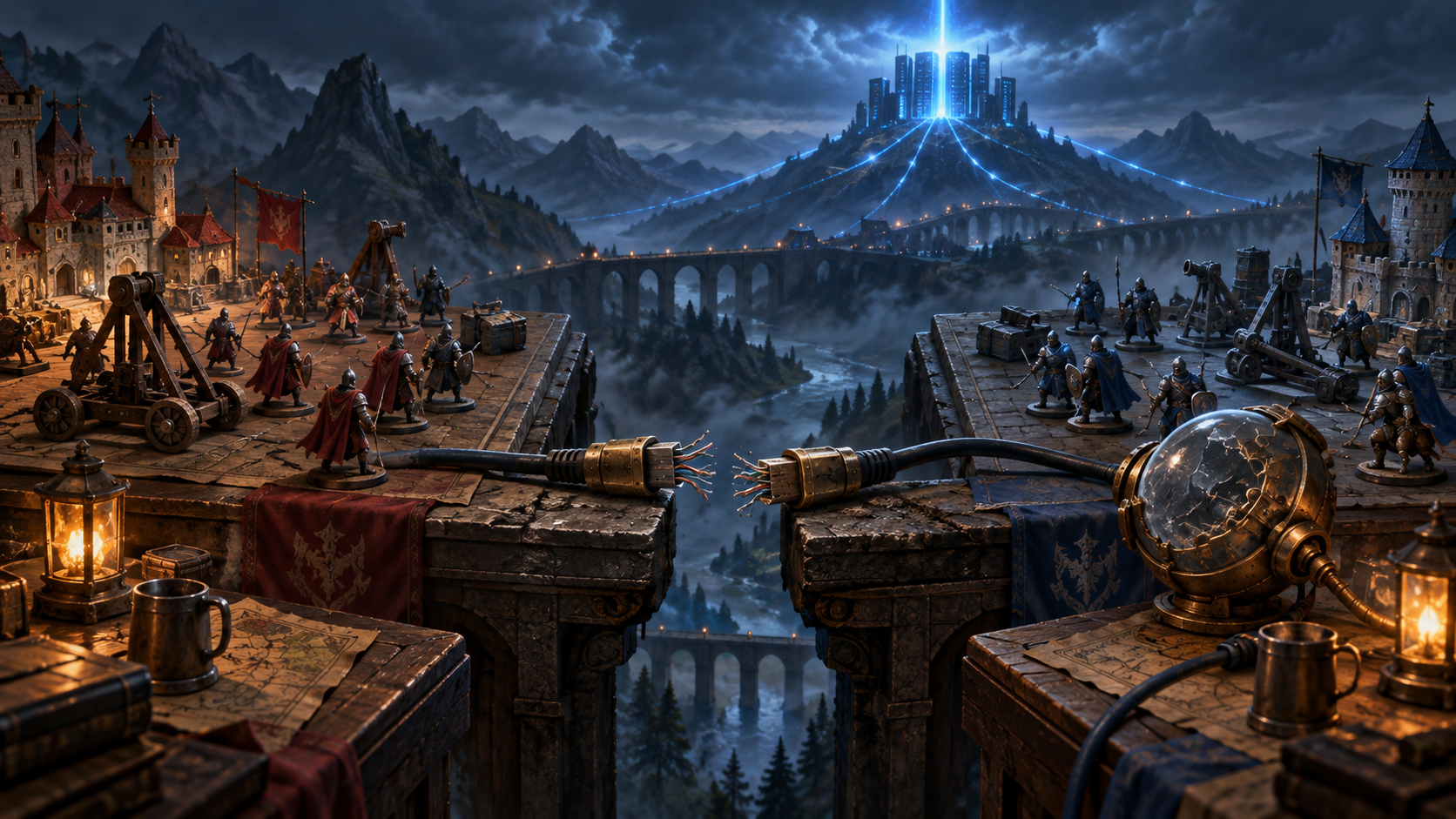 Two fantasy strategy tables are separated by a severed network cable while both connect toward a distant blue server beacon.