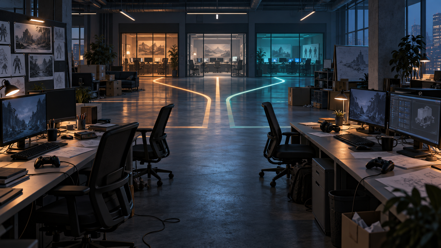 An empty game development studio with disconnected workstations and branching illuminated pathways leading toward separate production rooms.